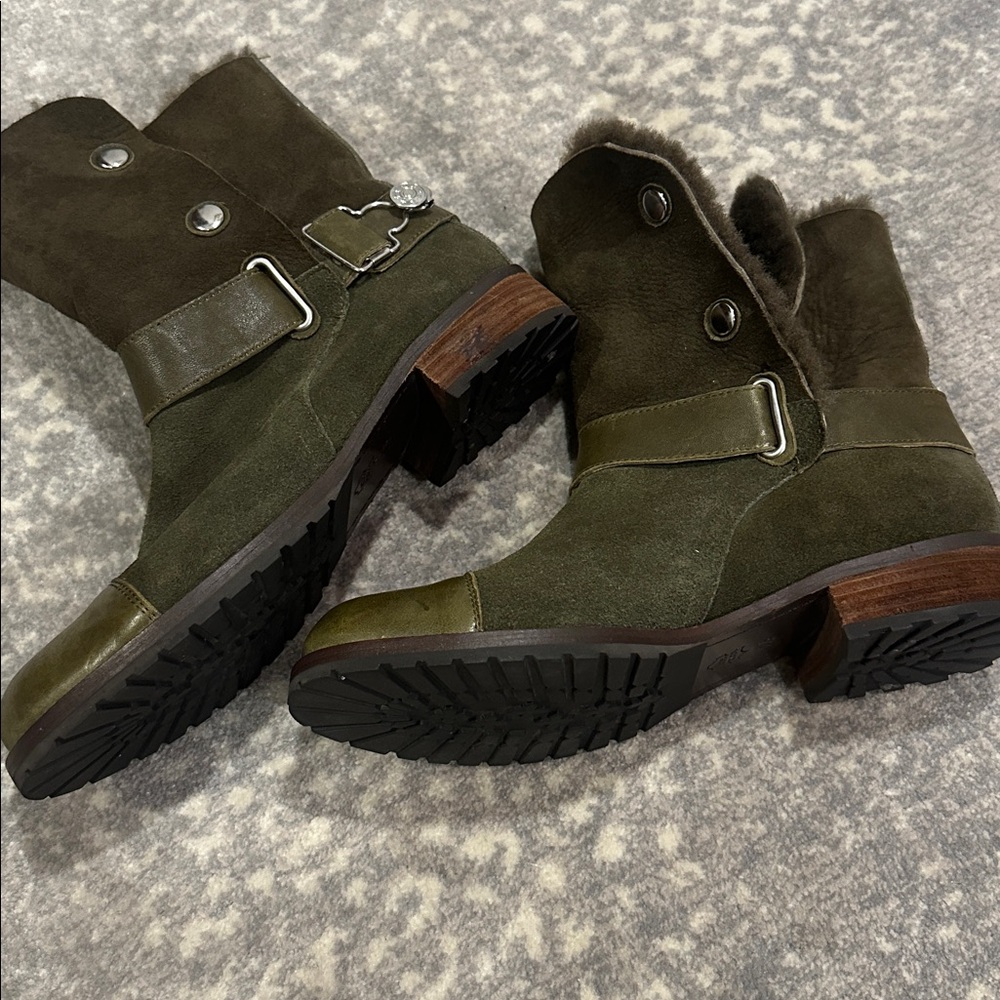 MATT BERNSON REAL SHEEPSKIN SHEARLING ARMY GREEN BOOTS SIZE 7.5